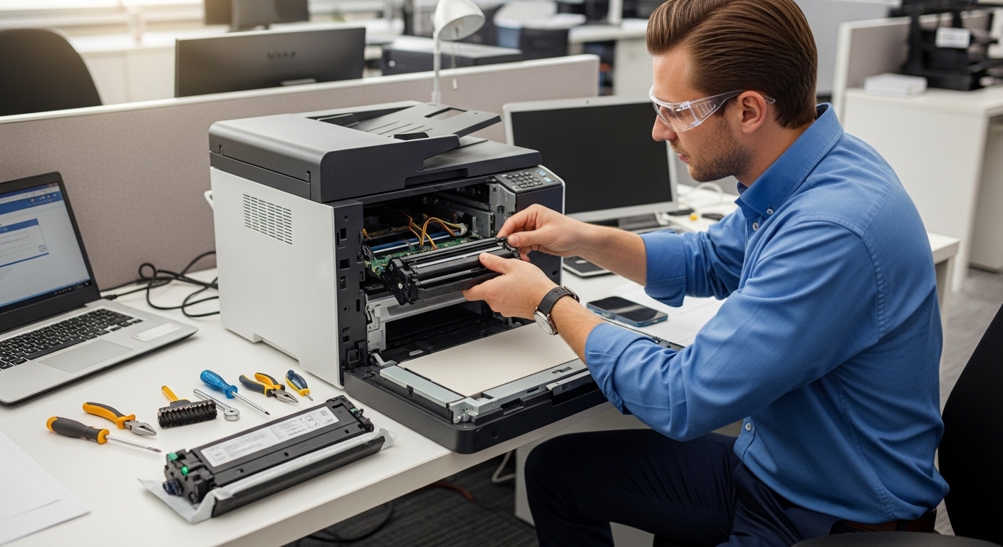 Technician repairing office printer